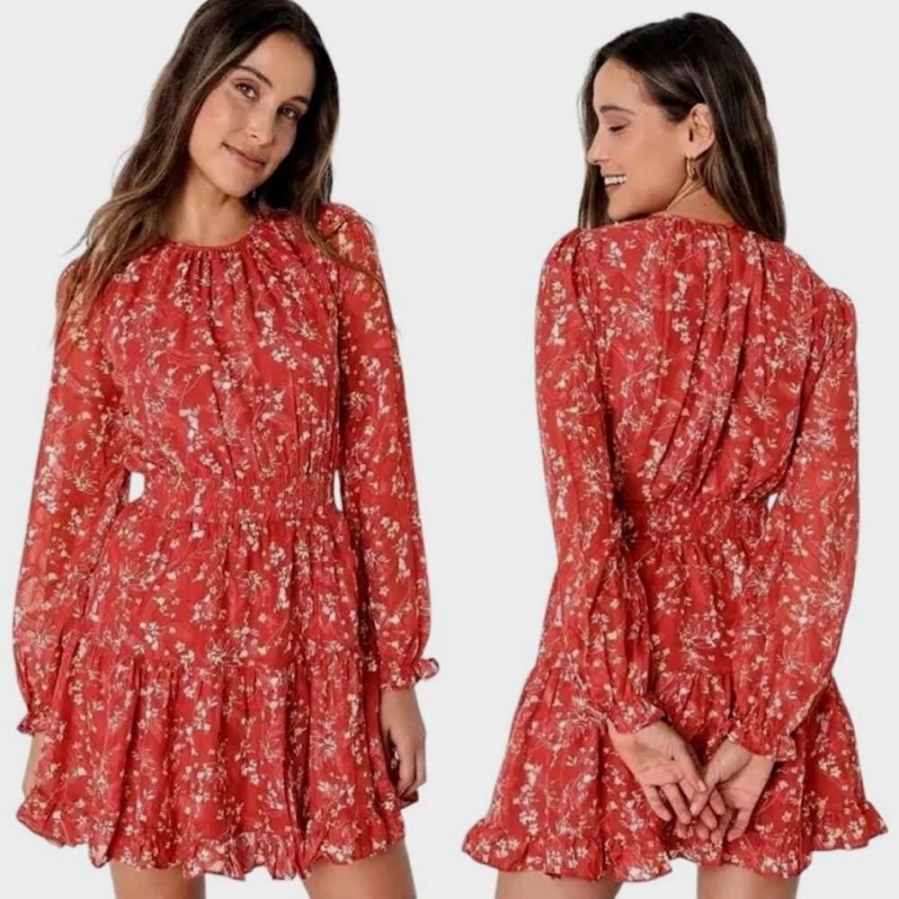 Lulus Too Cute Floral Print Smocked Long Sleeve Mini Dress Size Medium Red - Picture 2 of 9